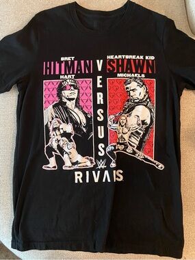 WWE Black Tee with Pink and Red Bret Hart vs Shawn Michaels Graphic